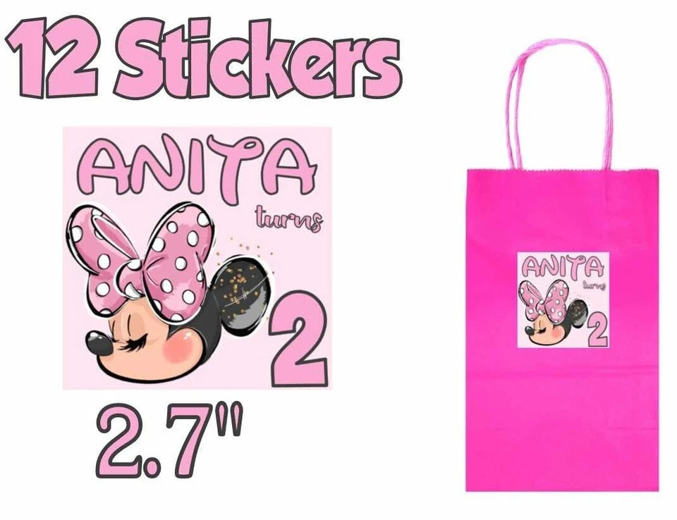 12 ct MINNIE MOUSE 2.7" Sticker Label for Bag Treat Box ,party Favor - Image 1 of 1