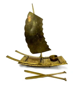 Vintage Brass Chinese Bamboo Boat/Raft w Sail & Oars, Cone Incense/Candle Holder - Picture 1 of 18