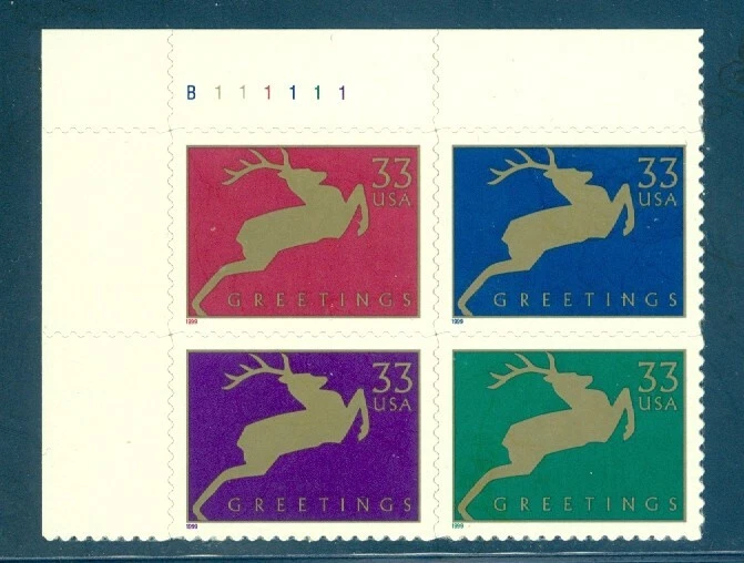 US 3356-3359 Christmas Deer, Plate #B111111 Block/4, Mint NH - Image 1 of 1