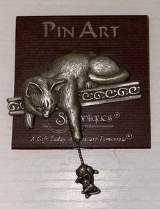 NOS NEW Vintage JJ Spoontiques pewter cat with mouse pin Brooch - Picture 1 of 5