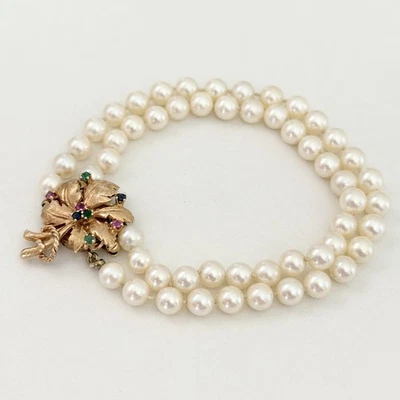 Vintage 14K Yellow Gold 2 Strand Pearl Ruby Sapphire Emerald Flower Bracelet - Image 1 of 4