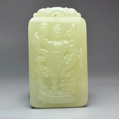 2.8'' China Natural Jade Carved Fudo Myo-o / Acalanatha Amulet Pendant A488 - Image 1 of 4