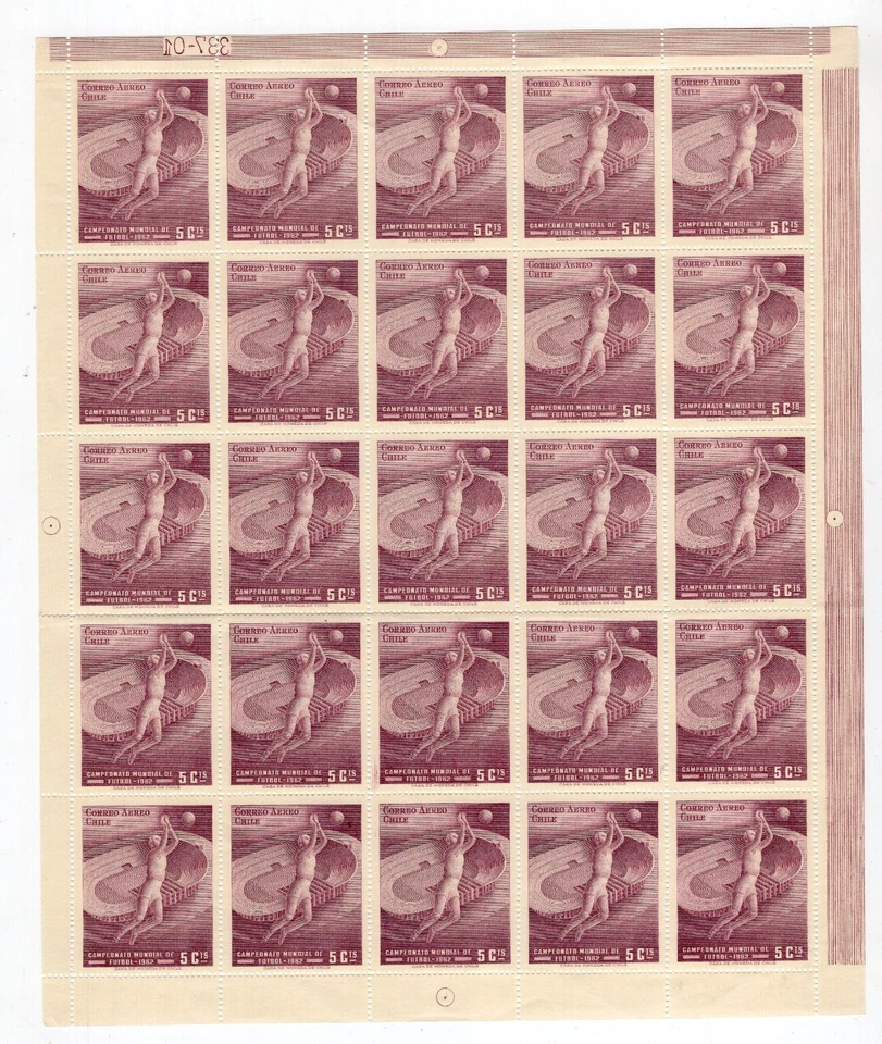 CHILE 1962 Fútbol Mundial 5c MNH Placa Número 387-01 Hoja Completa Foto 1 de 1