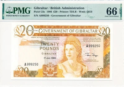 Government of Gibraltar Gibraltar 20 Pounds 1986 Prefix A S/No 999xx0 PMG  66EPQ - Image 1 of 2