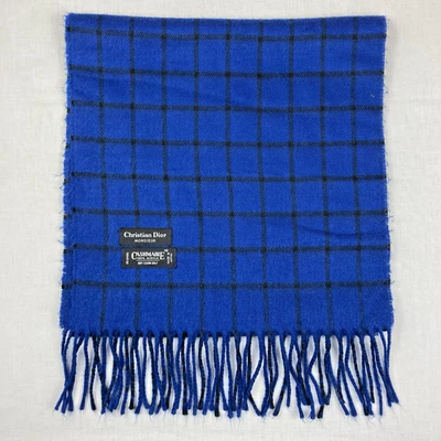 Christian Dior Monsieur Cashmaire Scarf Royal Blue Black Plaid 56 x 11.5 in - Image 1 of 3