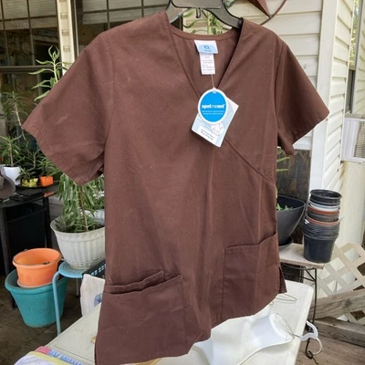 Simply Basic Mock Wrap Scrub Top Women's Small Brown Polyester/Cotton, NWT - Image 1 of 4