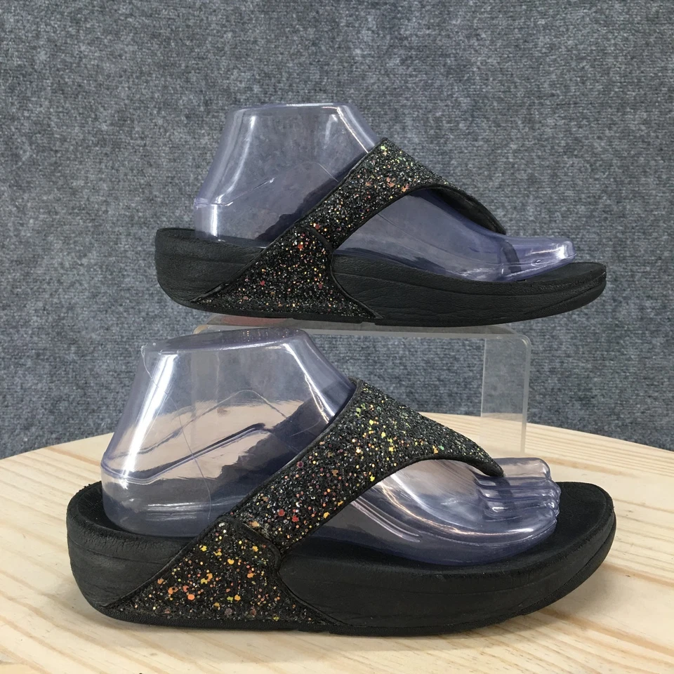 Босоножки Fitflop женские 8 Lulu блестящие стринги на танкетке каблуки без шнуровки Paltform черные - Изображение 1 из 4