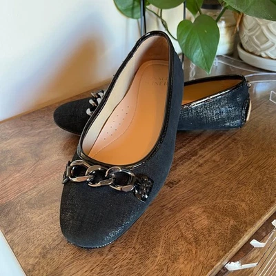 Donald Pliner Rayos Negro Brillante Detalle Cadena Ballet Pisos Mujer Talla 8.5 Elegante Foto 1 de 4