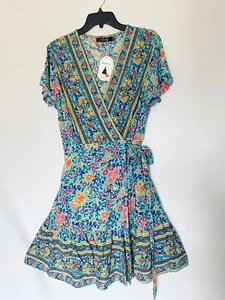 ZESICA Women’s Summer Wrap V Neck Bohemian Floral Print A Line Size XL - Picture 1 of 7