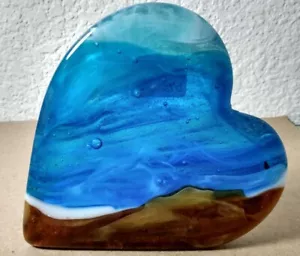 Fused Glass Vertical 5" Heart "Paperweight" Ocean Theme Handcrafted Studio Art - Picture 1 of 5
