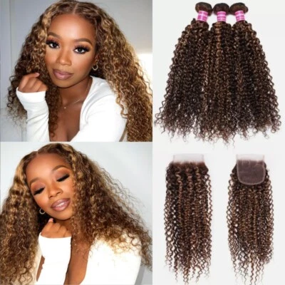 UNice Mongolian Ombre Blonde Curly 3 Bundles with Lace Closure Human Hair Weaves - Image 1 of 4