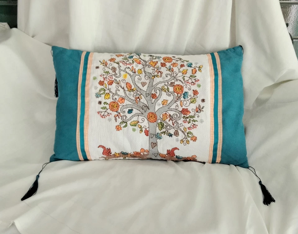 Handmade Cushion OOAK blue suedette & orange tree tapestry cross stitch Tassels - Image 1 of 4