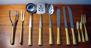 11 PC VINTAGE CELLINI ROMANESQUE GOLD PLATED STAINLESS STEEL SERVICE SET UTENSIL - Picture 1 of 6