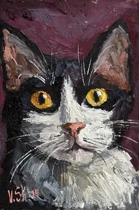 Original Ölgemälde Schwarze Katze Portrait Impressionismus Kätzchen signiert Kunst GERAHMT - Bild 1 von 9