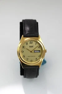 Sharp Watch Men Gold Stainless Steel WR Battery Gray Leather Day Date Quartz - Picture 1 of 6