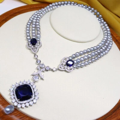 3 Strand 5-6mm Round Gray Freshwater Pearl Necklace CZ - Image 1 of 2