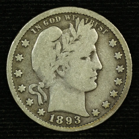 Barber Silver Quarter. 1893 P. Very Good Circulated. Lot #  9042-44-100 Cover