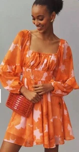 NWT Anthropologie 2X Hutch Flounce Romper Orange & Pink Floral Puff Long Sleeves - Picture 1 of 4