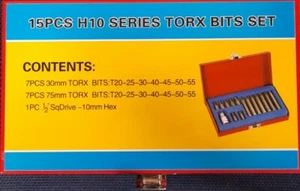 15pcs H10 Series Torx Bit Bits Set T20-55 Hex 30mm 70mm 1/2" SQ Drive Box #1414 - Picture 1 of 2