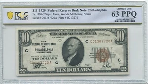 1929 $10 FRN Philadelphia FR.1860-C Graded PCGS Banknote Choice UNC 63 PPQ - Picture 1 of 2