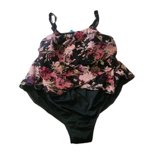 QVC D & Co. Strand Badeanzug Einteiler Blumenmuster schwarz Mesh Overlay 30W - Bild 1 von 3