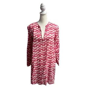Roberta Roller Rabbit Geometric Print Cotton Tunic Top Blouse Pink White Medium - Picture 1 of 14