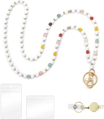 Porta Badge Con Laccetto in Legno E Perline Portabadge Trasparente Con Portachia - Immagine 1 di 4