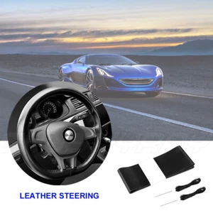 For Vauxhall Corsa E 2014-2016 BLACK LEATHER STEERING WHEEL COVER WITH BLACK - Picture 1 of 12