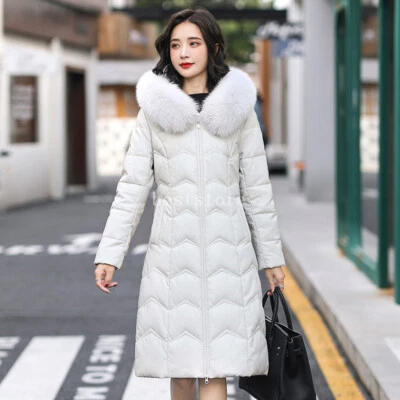 Real Fur Collar Hooded Mid Long Duck Down Coat Leather Womens Jacket Knee Length - Image 1 of 4