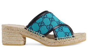 NIB Gucci Blue GG Logo Canvas Crisscross Strap Espadrille Mule Sandals 36.5 $820 - Picture 1 of 15