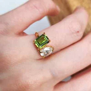 3Ct Emerald Cut Lab-Created Green Peridot Wedding Ring 14K Yellow Gold Plated - Picture 1 of 9