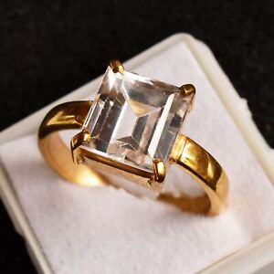 Natural White Sapphire 12X10 MM Baguette Cut Golden Polished Brass Ring US Size8