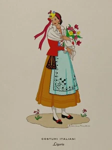 Stampa Pouchoir Graziana MESCHINI "Costumi Italiani" LIGURIA metà 900 Cartolina - Picture 1 of 2