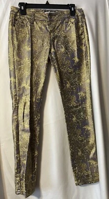 Jeans skinny Hot Kiss roxo dourado metálico floral stretch lírio tamanho 9 (P14 - Imagem 1 de 4