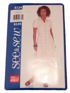 See & Sew 6124 Misses' Long Button Dress Sz C 18, 20, 22  Uncut Pockets 1990s - Picture 1 of 2