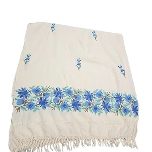 Embroidered Floral Wool Scarf Fringe Cream Blue Warm Cozy Cottagecore Artsy - Picture 1 of 8
