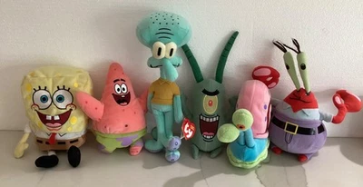 Ty SpongeBob SquarePants 豆豆娃全套 6 件罕见 — 第 1/4 张图片