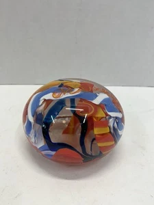 Vintage Hand blown Art Glass Colorful Paperweight Large 4” Blue Orange Yellow - Picture 1 of 7