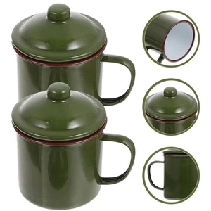 2 Stück Vintage Emaille Becher Henkelbecher Tragbar Büro Camp Kaffeetasse mit Deckel - Bild 1 von 10