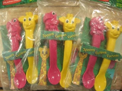 Conjunto de Colher Vintage Novo Estoque Antigo Rubbermaid Bebê Criança Papagaio Girafa 3 Conjuntos - Imagem 1 de 4