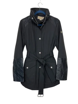 Michael Kors MK Belted Faux Leather Patch Fleece-Lined Jacket Black M FLAW - Image 1 of 4