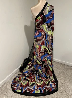 Multicolor Stretch Beaded Iridescent Sequins Embroidery Fabric 50” Width 1 Yard - Image 1 of 4