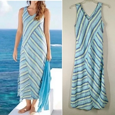 J JILL Love 亚麻条纹长裙无袖沿海度假度假村穿 S — 第 1/4 张图片
