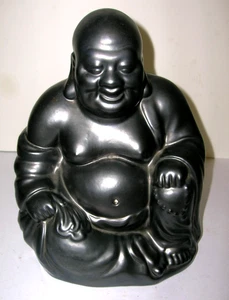 Ceramic Smiling Buddha Statue Figurine Unique Charcoal Gray Color 7.25" Tall - Picture 1 of 6