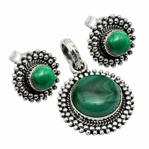 Malachite Solid 925 Sterling Silver Pendant + Earrings Set Jewelry ST-037 - Picture 1 of 1