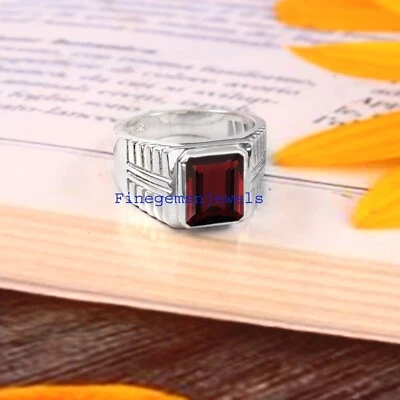Piedras preciosas facetadas granate natural con anillo de plata de ley 925 para hombre #F949 Foto 1 de 4