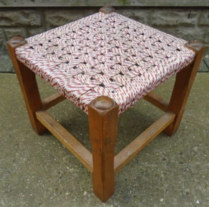 Vintage Woven Top Rattan Style String Wooden Foot Stool Red / Cream 1960s 1970s - Picture 1 of 14