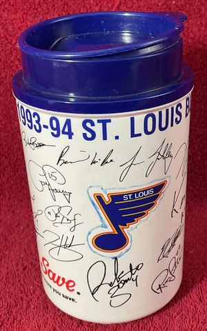 St. Louis Blues 1992-93 Thermo Mug Autograph Print Diet Vess Shop n Save Cover