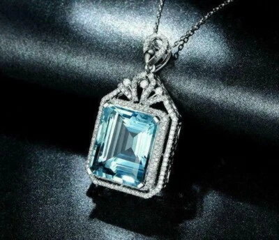 14K White Gold Plated 3Ct Emerald Cut Aquamarine Halo Diamond Pendant Necklace Foto 1 de 4