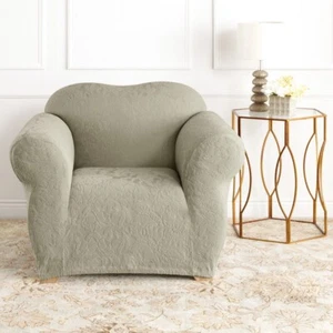 NEW SUREFIT SAGE GREEN JACQUARD DAMASK STRETCH 1 SEAT CHAIR ARMCHAIR COVER - Picture 1 of 6